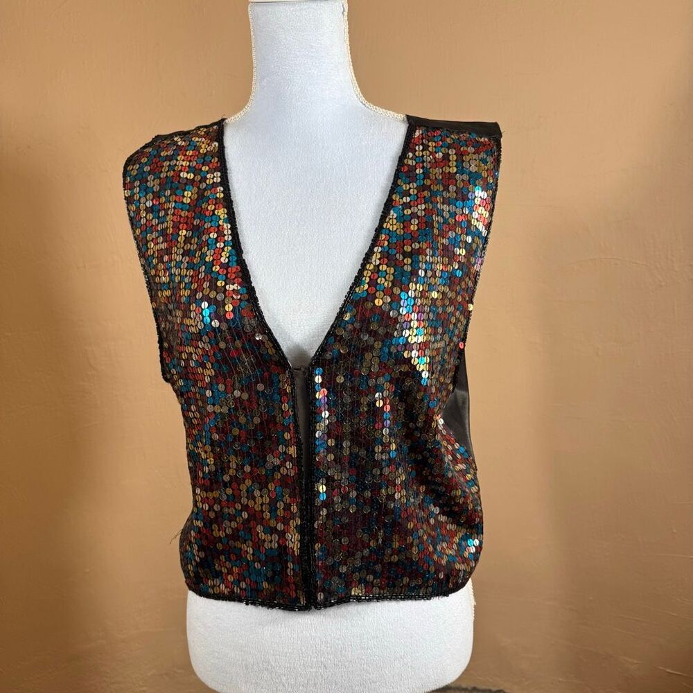 AJ Vintage Sequin Vest Womens Medium Multicolor Silk Blend Party 90s Tie Back
